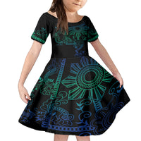 Filipino Sun Tribal Tattoo Family Matching Tank Maxi Dress and Hawaiian Shirt Philippines Inspired Barong Blue Art LT9 Daughter's Dress Blue - Polynesian Pride