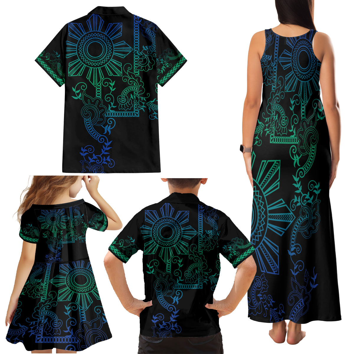 Filipino Sun Tribal Tattoo Family Matching Tank Maxi Dress and Hawaiian Shirt Philippines Inspired Barong Blue Art LT9 - Polynesian Pride