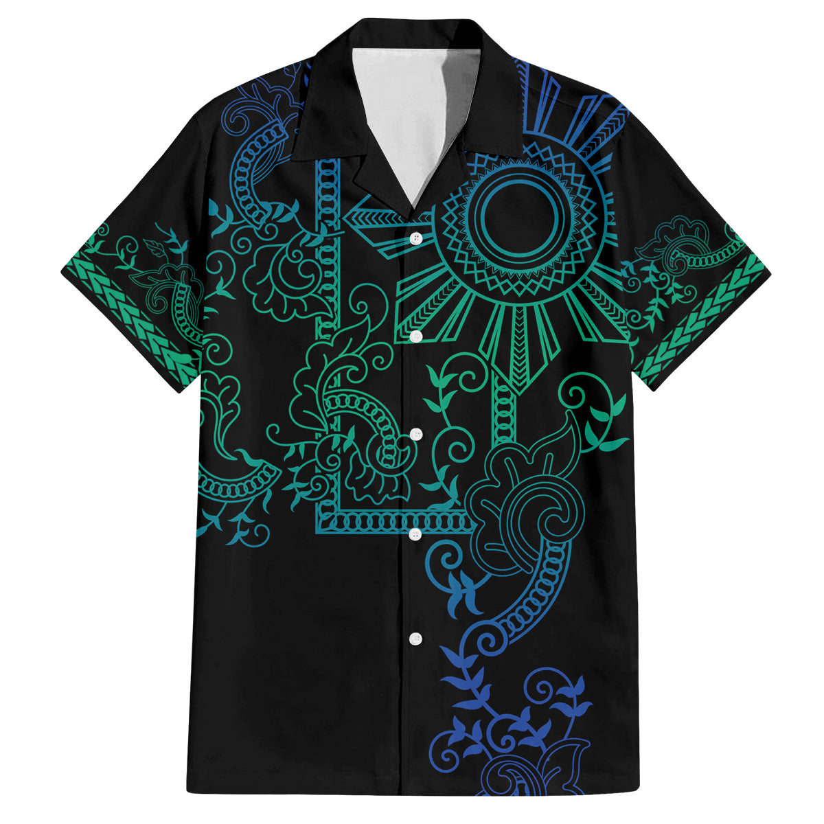 Filipino Sun Tribal Tattoo Family Matching Tank Maxi Dress and Hawaiian Shirt Philippines Inspired Barong Blue Art LT9 Dad's Shirt - Short Sleeve Blue - Polynesian Pride