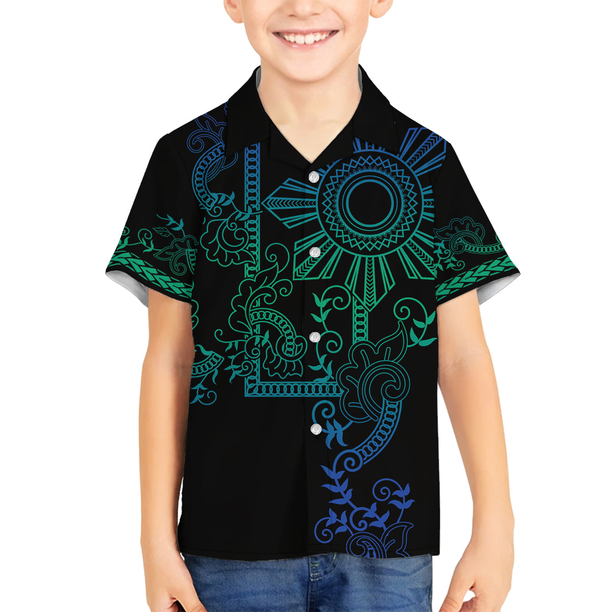 Filipino Sun Tribal Tattoo Family Matching Tank Maxi Dress and Hawaiian Shirt Philippines Inspired Barong Blue Art LT9 Son's Shirt Blue - Polynesian Pride