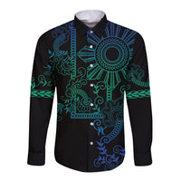 Filipino Sun Tribal Tattoo Long Sleeve Button Shirt Philippines Inspired Barong Blue Art
