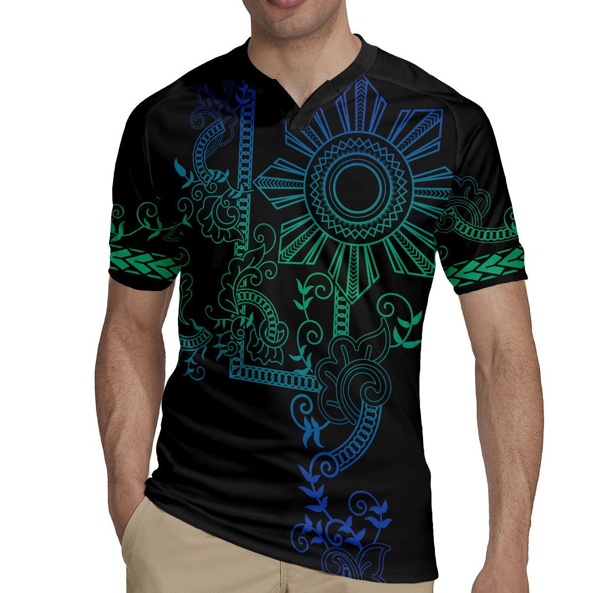 Filipino Sun Tribal Tattoo Rugby Jersey Philippines Inspired Barong Blue Art