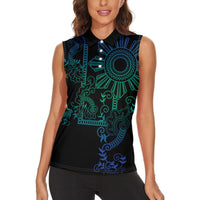 Filipino Sun Tribal Tattoo Women Sleeveless Polo Shirt Philippines Inspired Barong Blue Art