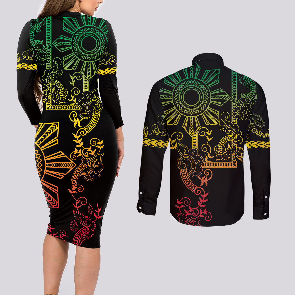 Filipino Sun Tribal Tattoo Couples Matching Long Sleeve Bodycon Dress and Long Sleeve Button Shirt Philippines Inspired Barong Reggae Art
