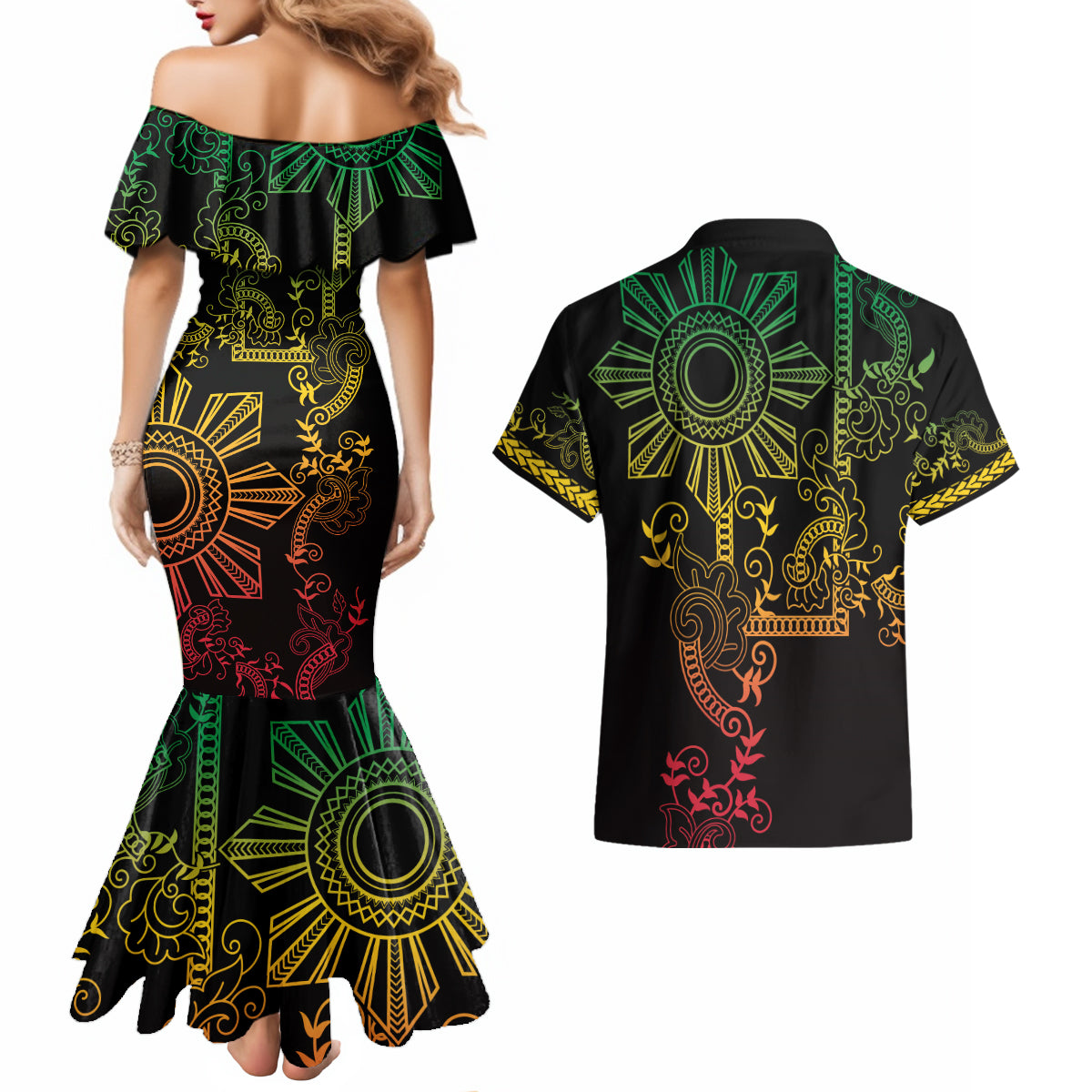 Filipino Sun Tribal Tattoo Couples Matching Mermaid Dress and Hawaiian Shirt Philippines Inspired Barong Reggae Art