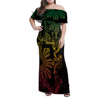 Filipino Sun Tribal Tattoo Family Matching Off Shoulder Maxi Dress and Hawaiian Shirt Philippines Inspired Barong Reggae Art