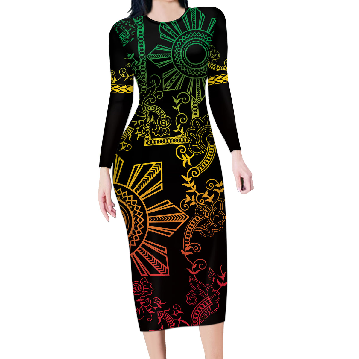 Filipino Sun Tribal Tattoo Long Sleeve Bodycon Dress Philippines Inspired Barong Reggae Art