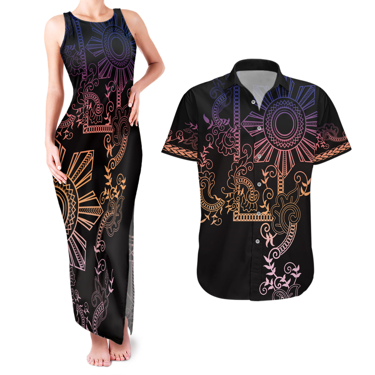 Filipino Sun Tribal Tattoo Couples Matching Tank Maxi Dress and Hawaiian Shirt Philippines Inspired Barong Pink Art