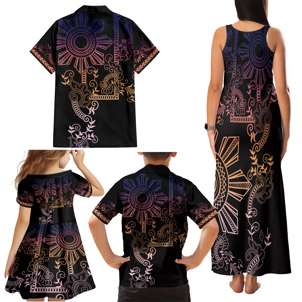 Filipino Sun Tribal Tattoo Family Matching Tank Maxi Dress and Hawaiian Shirt Philippines Inspired Barong Pink Art