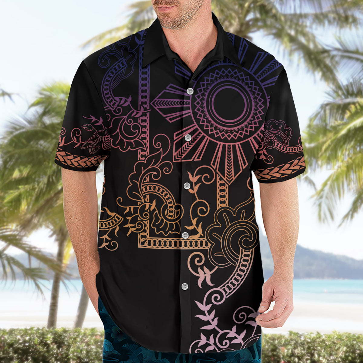 Filipino Sun Tribal Tattoo Hawaiian Shirt Philippines Inspired Barong Pink Art