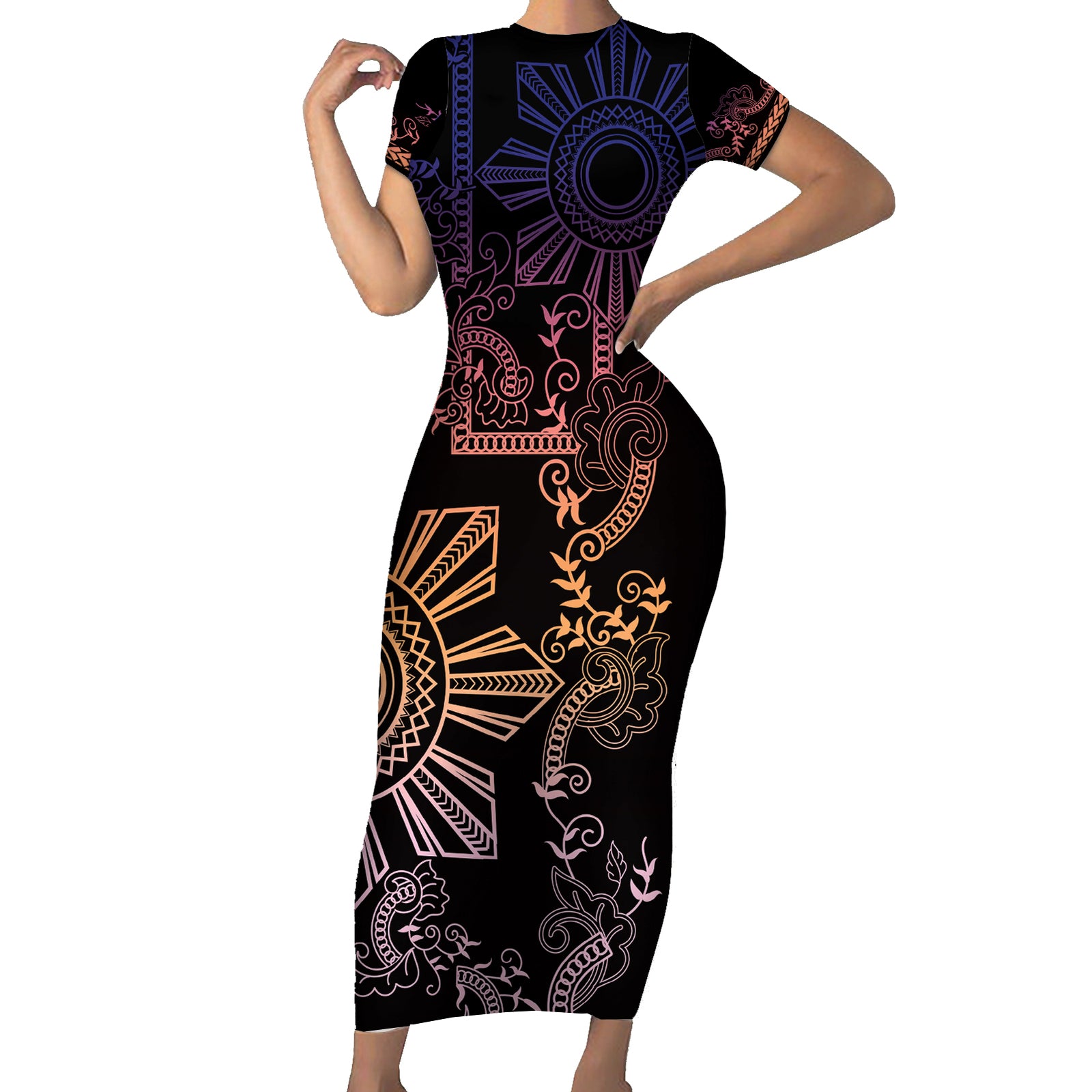 Filipino Sun Tribal Tattoo Short Sleeve Bodycon Dress Philippines Inspired Barong Pink Art