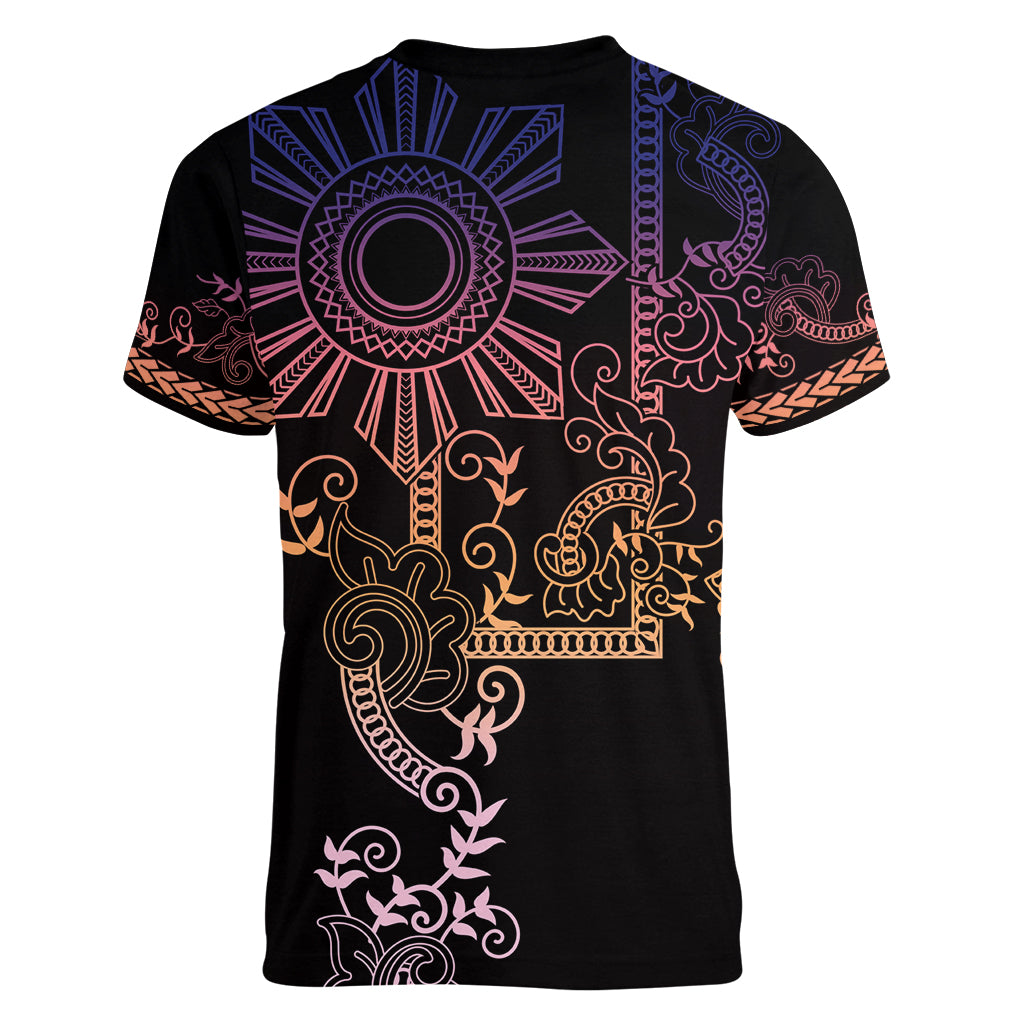 Filipino Sun Tribal Tattoo Women V-Neck T-Shirt Philippines Inspired Barong Pink Art