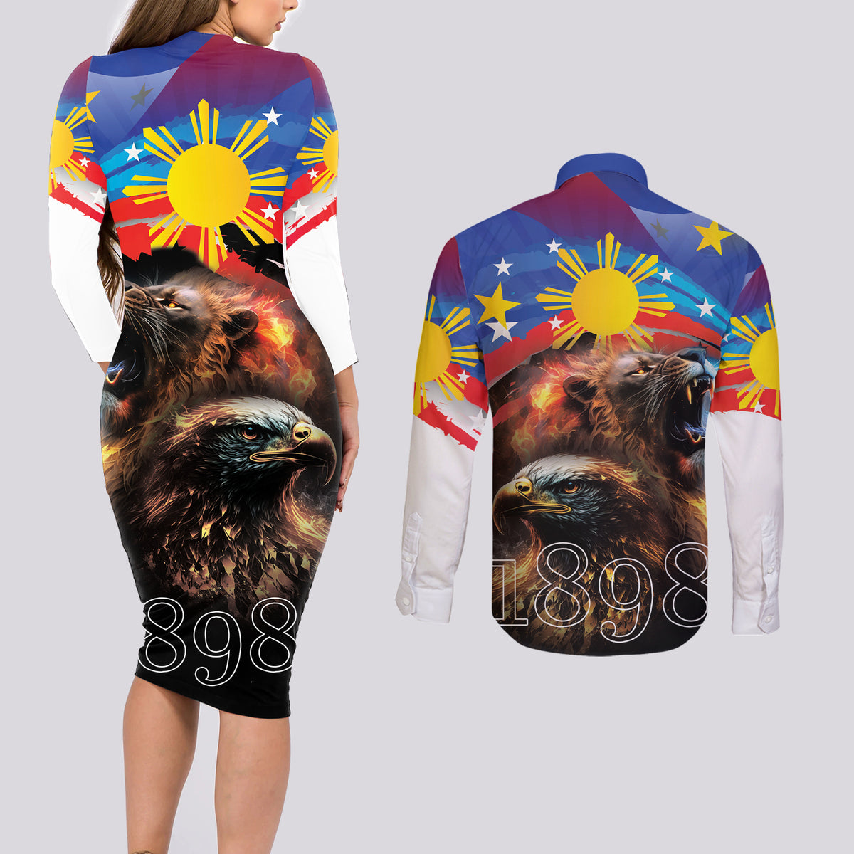 Philippines Lion and Eagle 1898 Couples Matching Long Sleeve Bodycon Dress and Long Sleeve Button Shirt Pilipinas Maligayang Araw ng Kalayaan