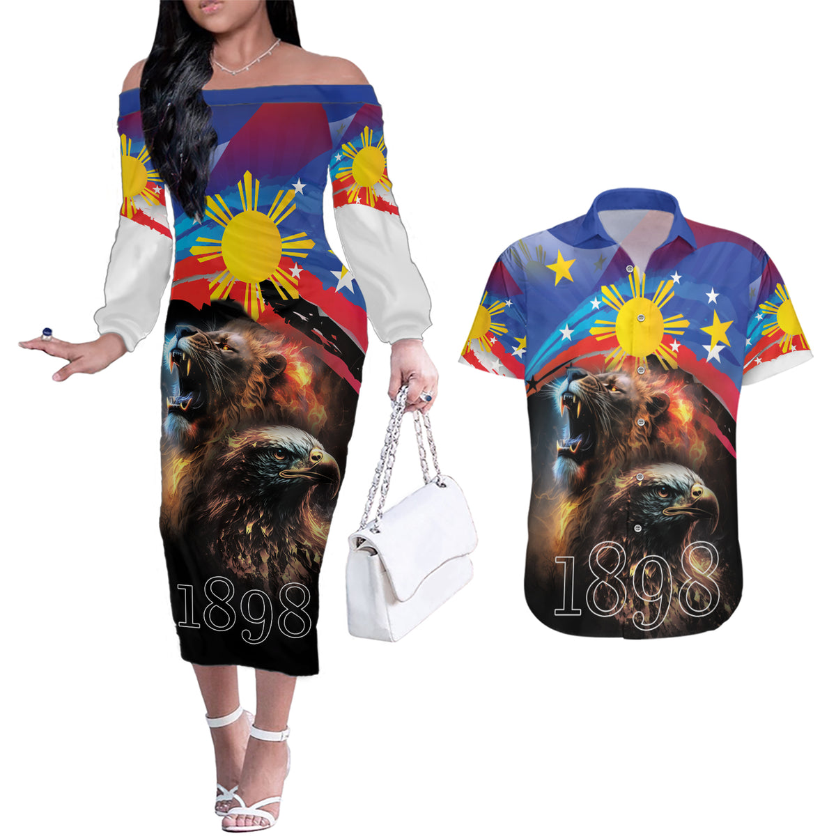 Philippines Lion and Eagle 1898 Couples Matching Off The Shoulder Long Sleeve Dress and Hawaiian Shirt Pilipinas Maligayang Araw ng Kalayaan