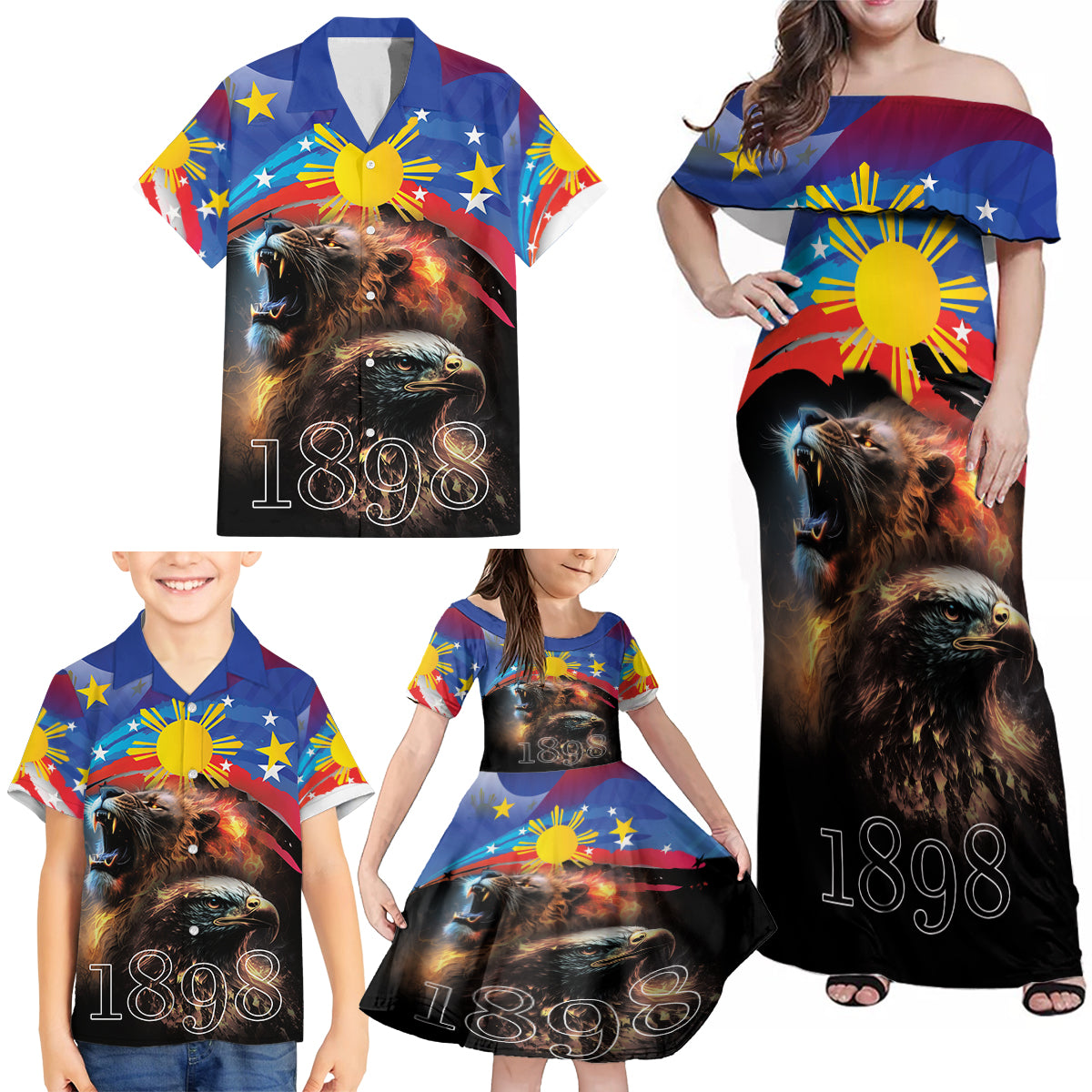 Philippines Lion and Eagle 1898 Family Matching Off Shoulder Maxi Dress and Hawaiian Shirt Pilipinas Maligayang Araw ng Kalayaan LT9 - Polynesian Pride