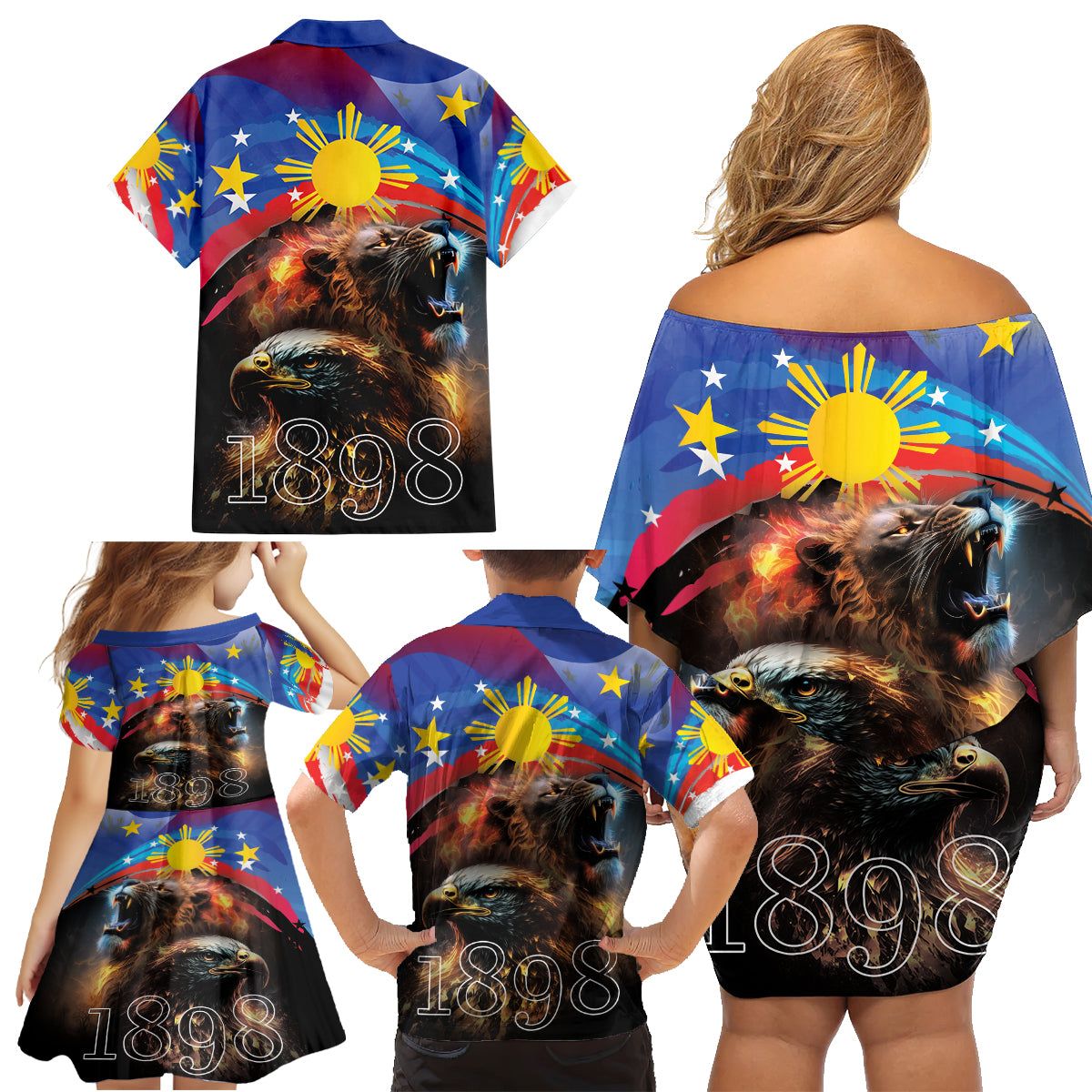 Philippines Lion and Eagle 1898 Family Matching Off Shoulder Short Dress and Hawaiian Shirt Pilipinas Maligayang Araw ng Kalayaan