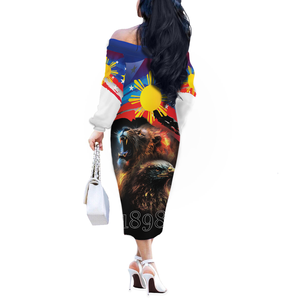 Philippines Lion and Eagle 1898 Off The Shoulder Long Sleeve Dress Pilipinas Maligayang Araw ng Kalayaan