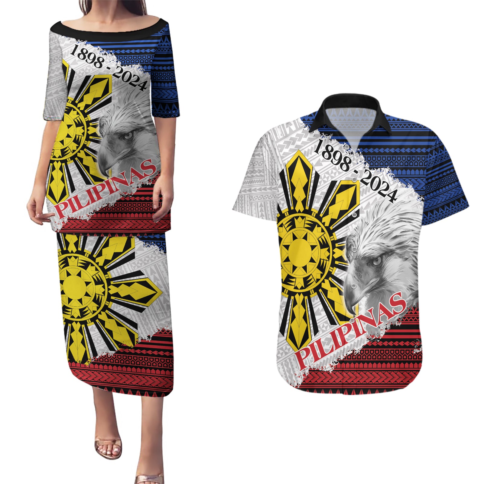 Philippines 126th Independence Day Couples Matching Puletasi and Hawaiian Shirt Pilipinas Hunyo 12 Maligayang Araw ng Kalayaan