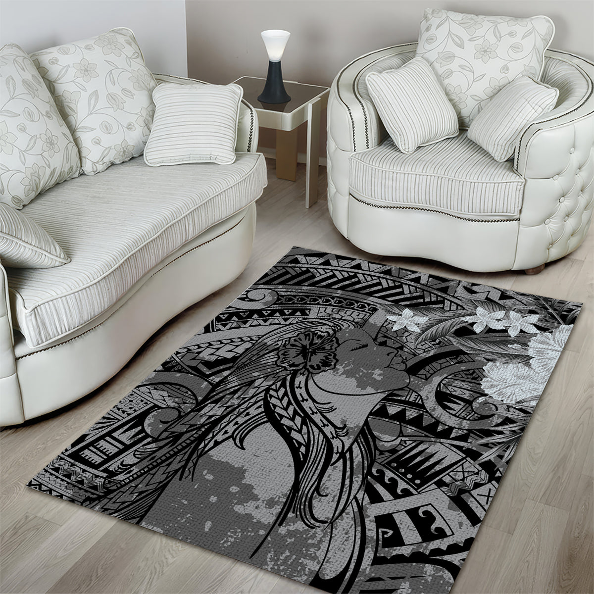Pacific Beauty Girl Area Rug Black Polyneisan Tribal Vintage Motif
