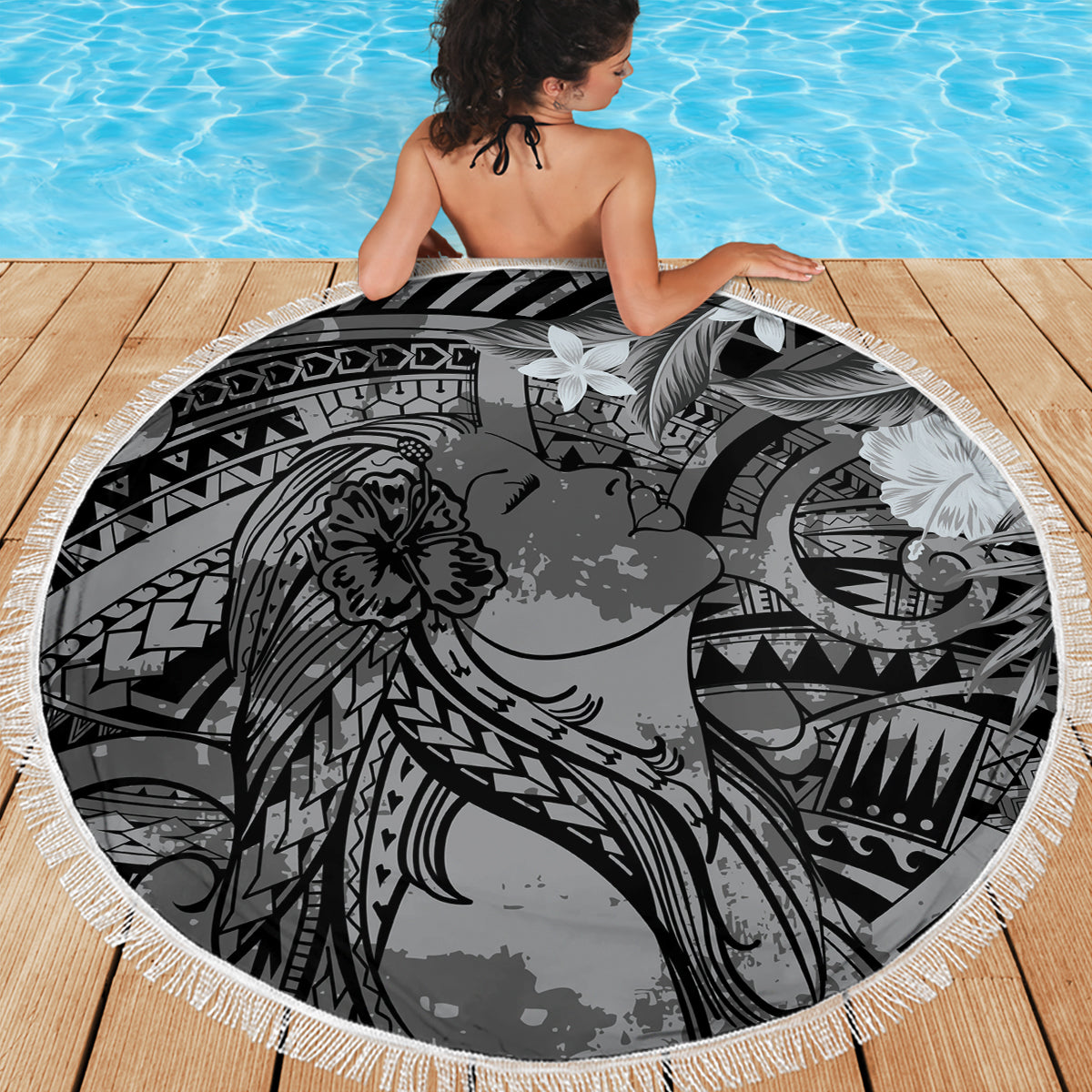 Pacific Beauty Girl Beach Blanket Black Polyneisan Tribal Vintage Motif