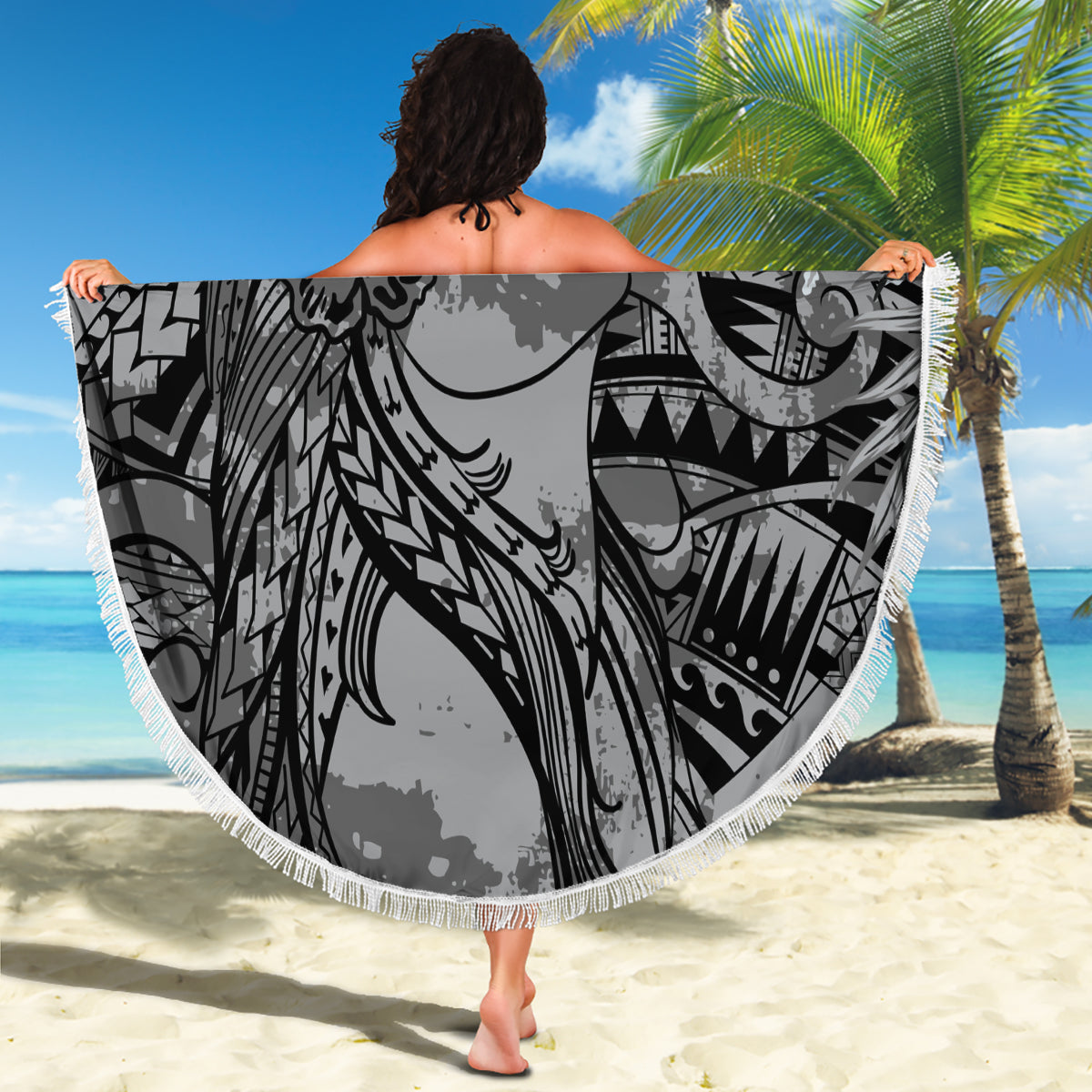 Pacific Beauty Girl Beach Blanket Black Polyneisan Tribal Vintage Motif