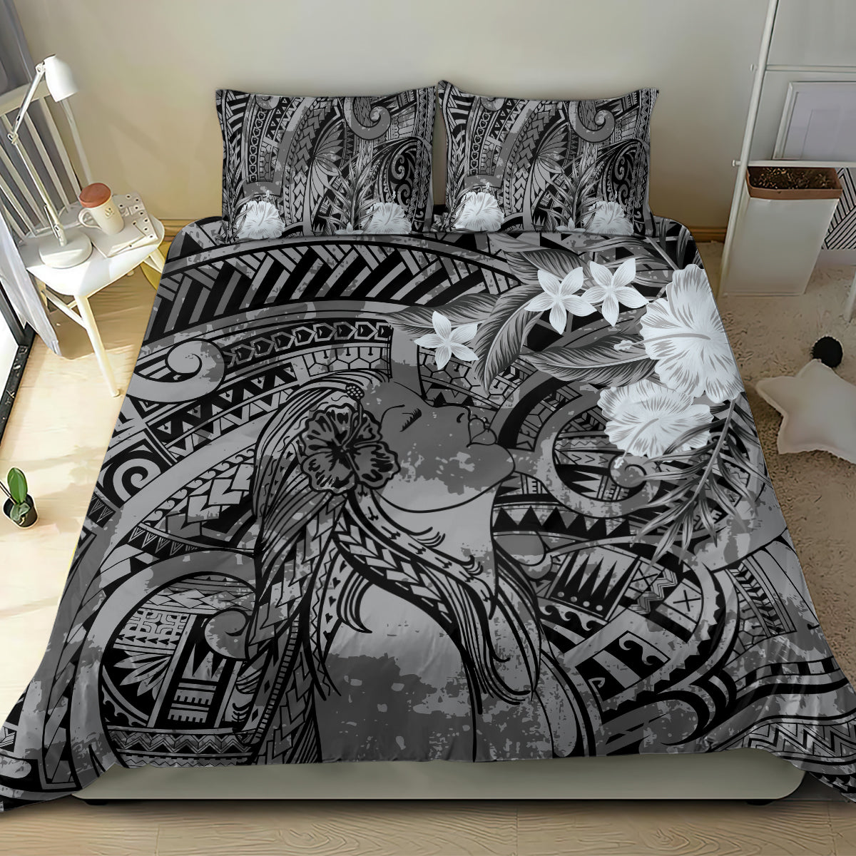 Pacific Beauty Girl Bedding Set Black Polyneisan Tribal Vintage Motif