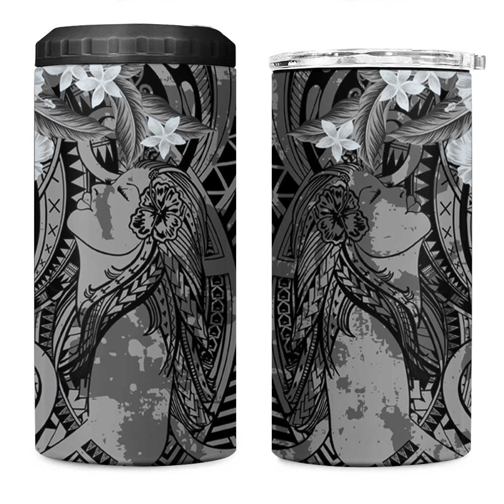 Pacific Beauty Girl 4 in 1 Can Cooler Tumbler Black Polyneisan Tribal Vintage Motif