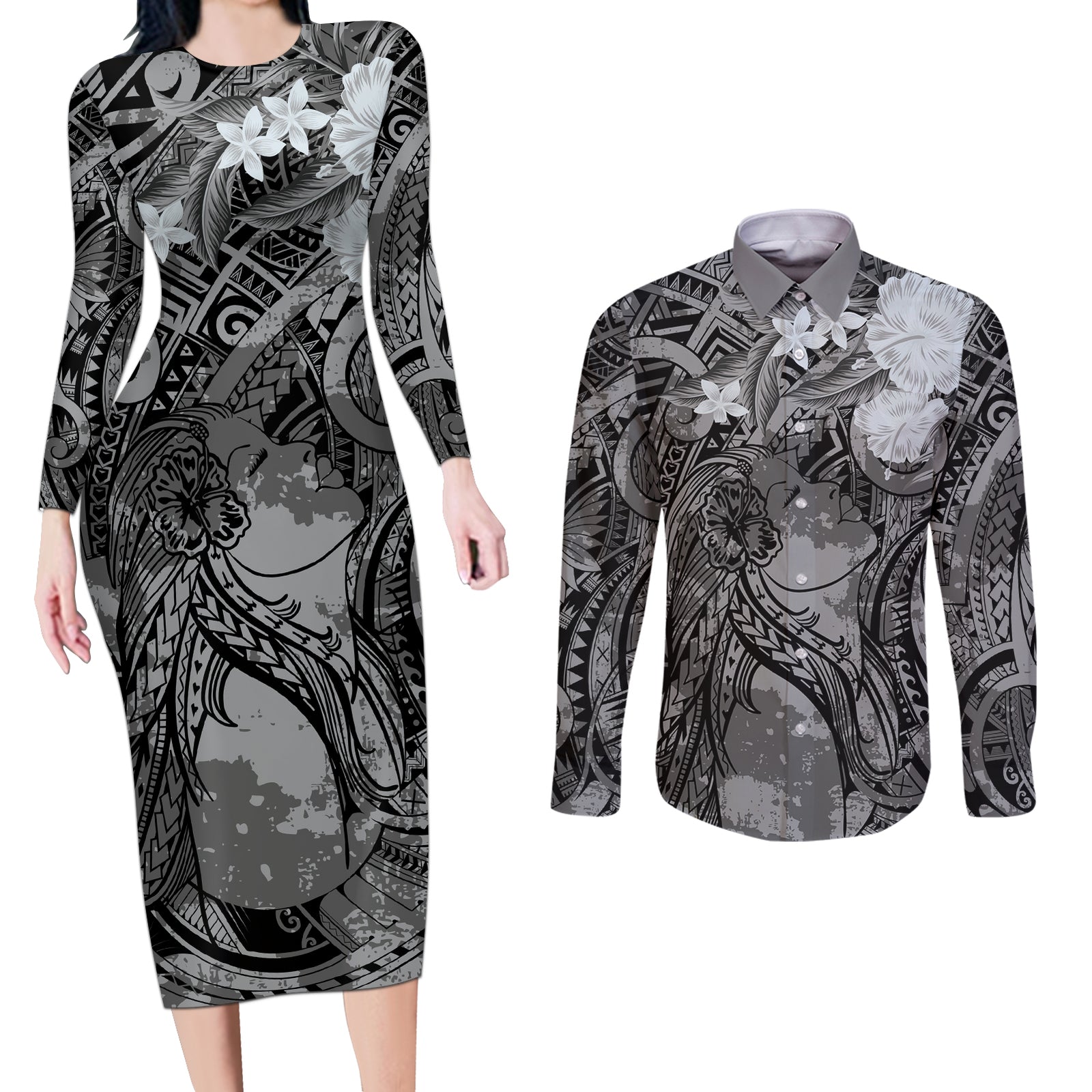 Pacific Beauty Girl Couples Matching Long Sleeve Bodycon Dress and Long Sleeve Button Shirt Black Polyneisan Tribal Vintage Motif LT9 Black - Polynesian Pride