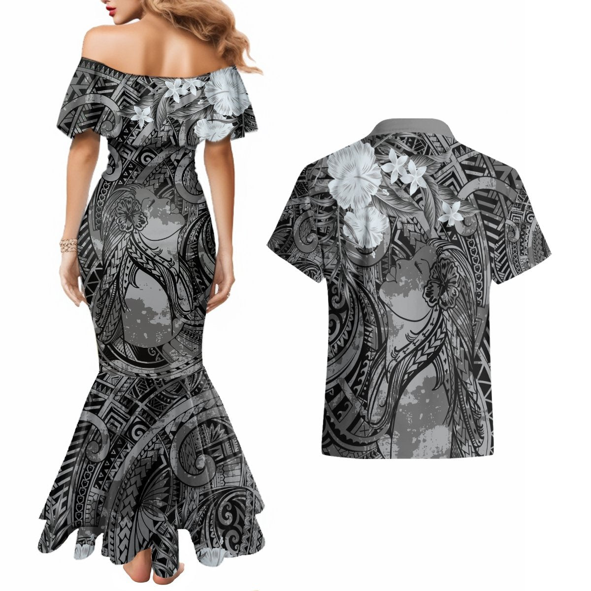 Pacific Beauty Girl Couples Matching Mermaid Dress and Hawaiian Shirt Black Polyneisan Tribal Vintage Motif LT9 - Polynesian Pride