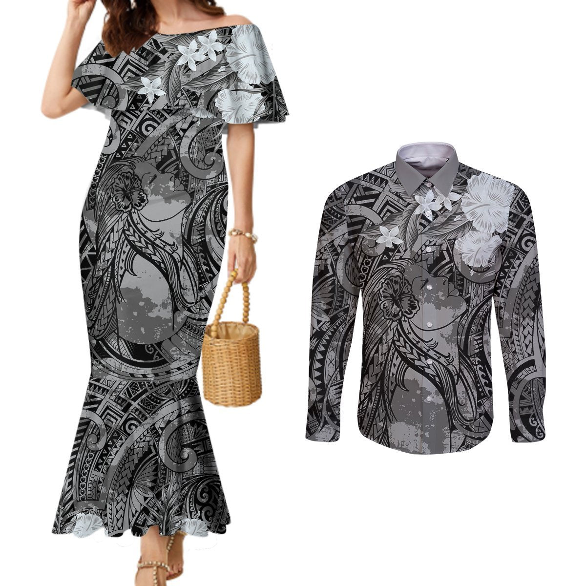 Pacific Beauty Girl Couples Matching Mermaid Dress and Long Sleeve Button Shirt Black Polyneisan Tribal Vintage Motif LT9 Black - Polynesian Pride