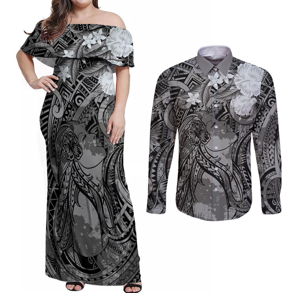 Pacific Beauty Girl Couples Matching Off Shoulder Maxi Dress and Long Sleeve Button Shirt Black Polyneisan Tribal Vintage Motif LT9 Black - Polynesian Pride