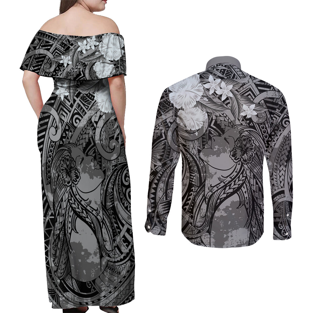 Pacific Beauty Girl Couples Matching Off Shoulder Maxi Dress and Long Sleeve Button Shirt Black Polyneisan Tribal Vintage Motif LT9 - Polynesian Pride