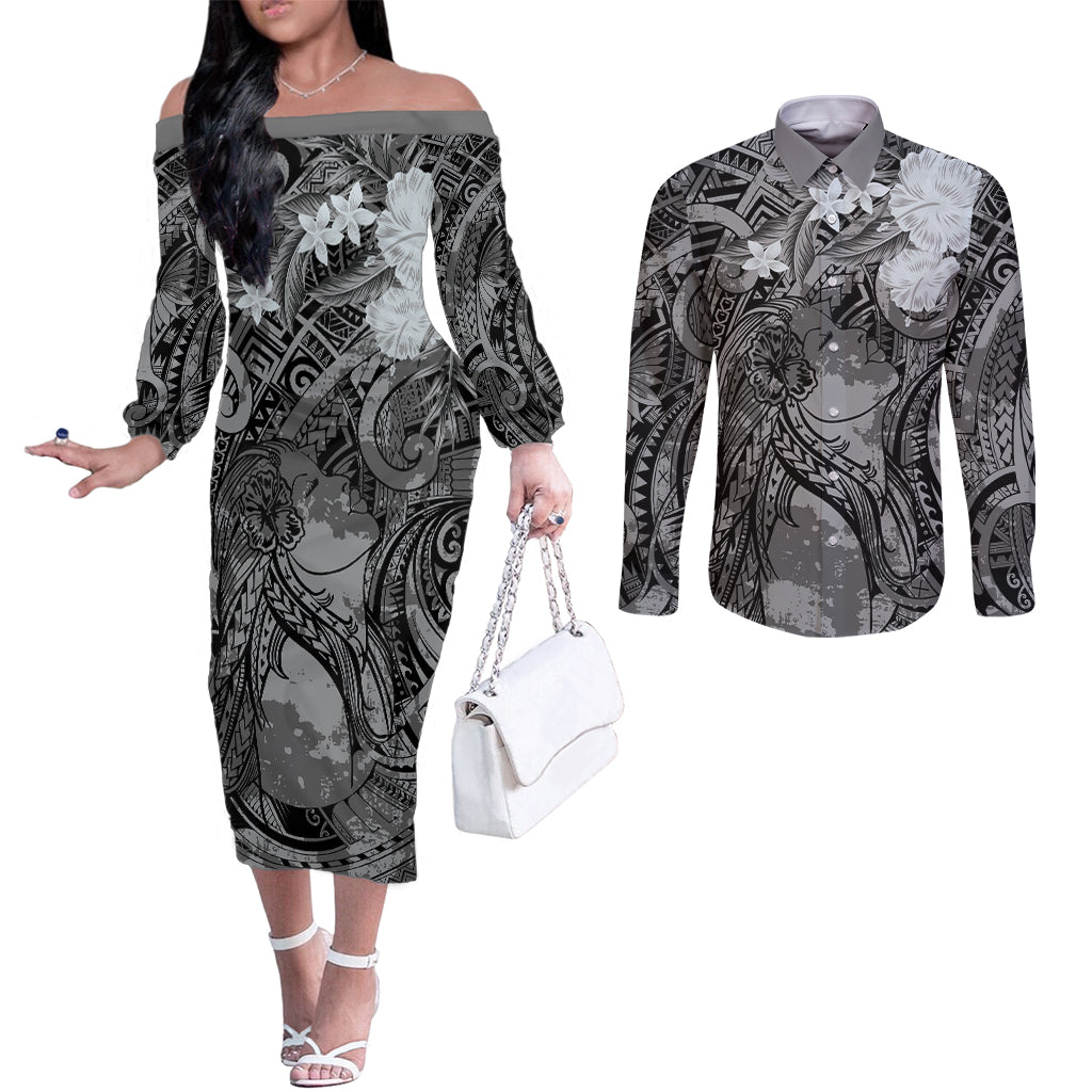 Pacific Beauty Girl Couples Matching Off The Shoulder Long Sleeve Dress and Long Sleeve Button Shirt Black Polyneisan Tribal Vintage Motif LT9 Black - Polynesian Pride