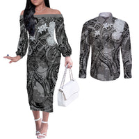 Pacific Beauty Girl Couples Matching Off The Shoulder Long Sleeve Dress and Long Sleeve Button Shirt Black Polyneisan Tribal Vintage Motif LT9 Black - Polynesian Pride