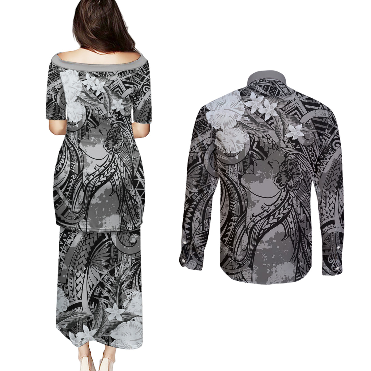 Pacific Beauty Girl Couples Matching Puletasi and Long Sleeve Button Shirt Black Polyneisan Tribal Vintage Motif