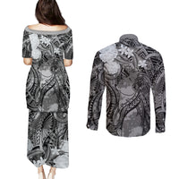 Pacific Beauty Girl Couples Matching Puletasi and Long Sleeve Button Shirt Black Polyneisan Tribal Vintage Motif