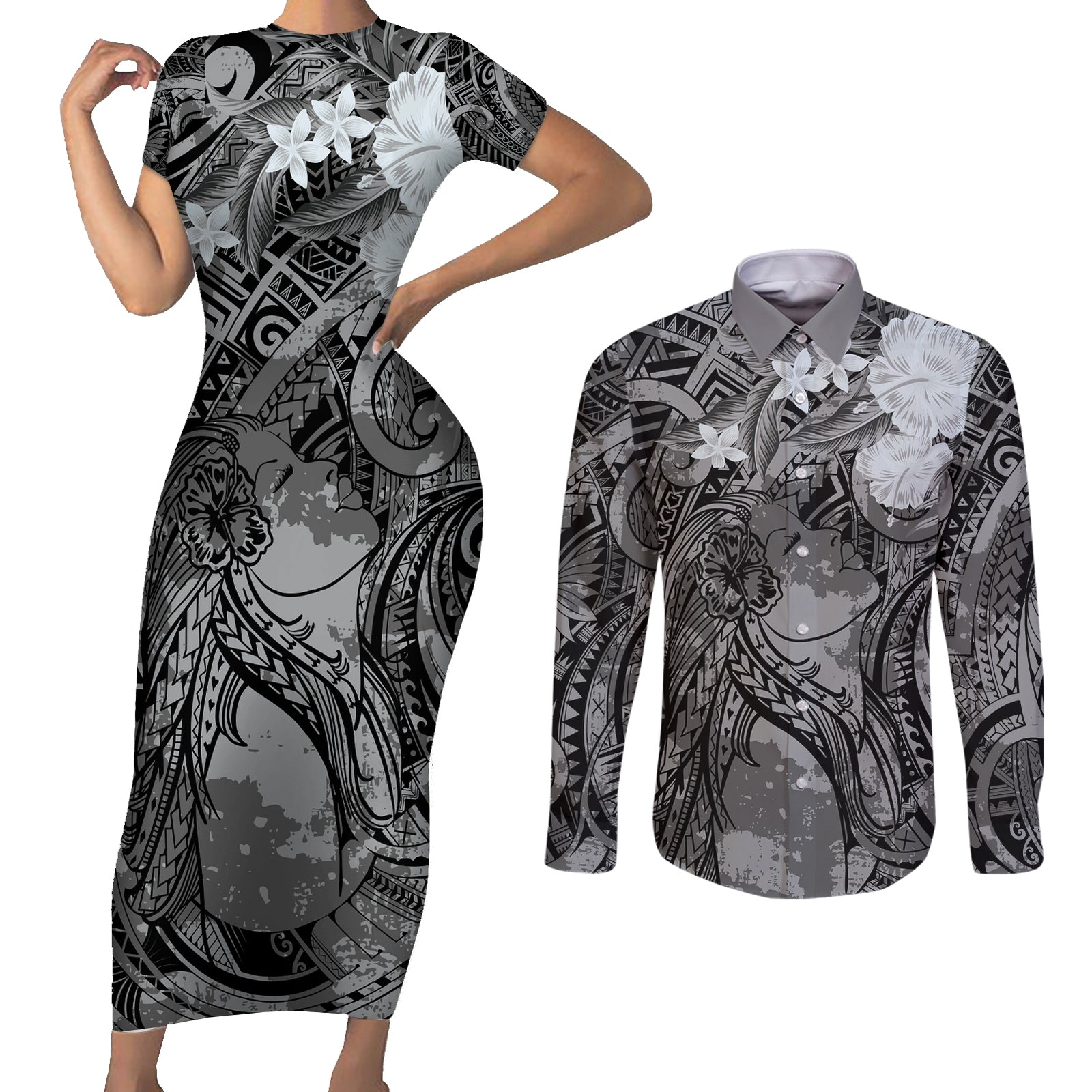 Pacific Beauty Girl Couples Matching Short Sleeve Bodycon Dress and Long Sleeve Button Shirt Black Polyneisan Tribal Vintage Motif LT9 Black - Polynesian Pride