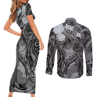 Pacific Beauty Girl Couples Matching Short Sleeve Bodycon Dress and Long Sleeve Button Shirt Black Polyneisan Tribal Vintage Motif LT9 - Polynesian Pride
