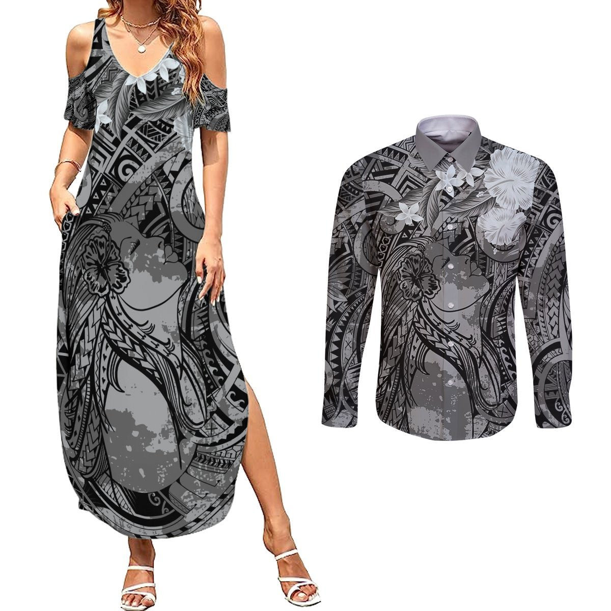 Pacific Beauty Girl Couples Matching Summer Maxi Dress and Long Sleeve Button Shirt Black Polyneisan Tribal Vintage Motif LT9 Black - Polynesian Pride