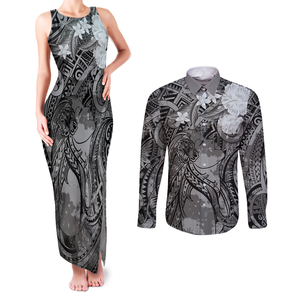 Pacific Beauty Girl Couples Matching Tank Maxi Dress and Long Sleeve Button Shirt Black Polyneisan Tribal Vintage Motif