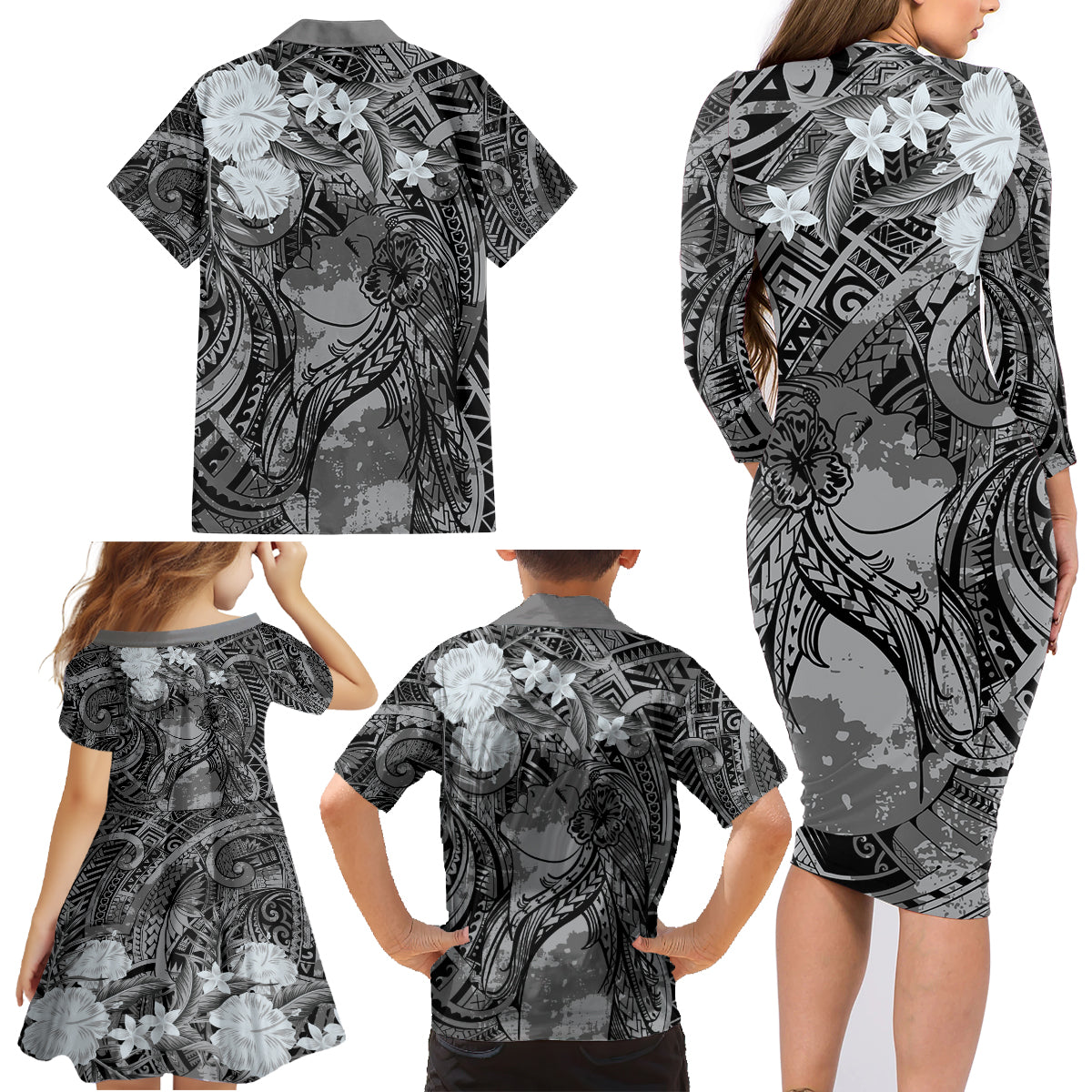 Pacific Beauty Girl Family Matching Long Sleeve Bodycon Dress and Hawaiian Shirt Black Polyneisan Tribal Vintage Motif