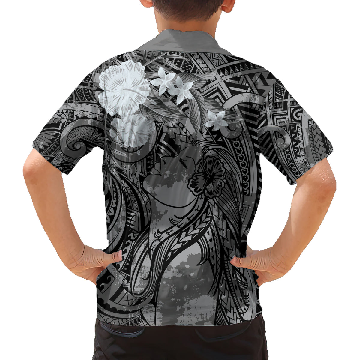 Pacific Beauty Girl Family Matching Short Sleeve Bodycon Dress and Hawaiian Shirt Black Polyneisan Tribal Vintage Motif