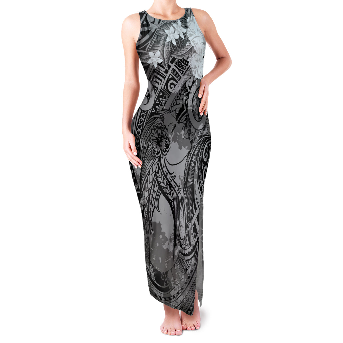 Pacific Beauty Girl Family Matching Tank Maxi Dress and Hawaiian Shirt Black Polyneisan Tribal Vintage Motif