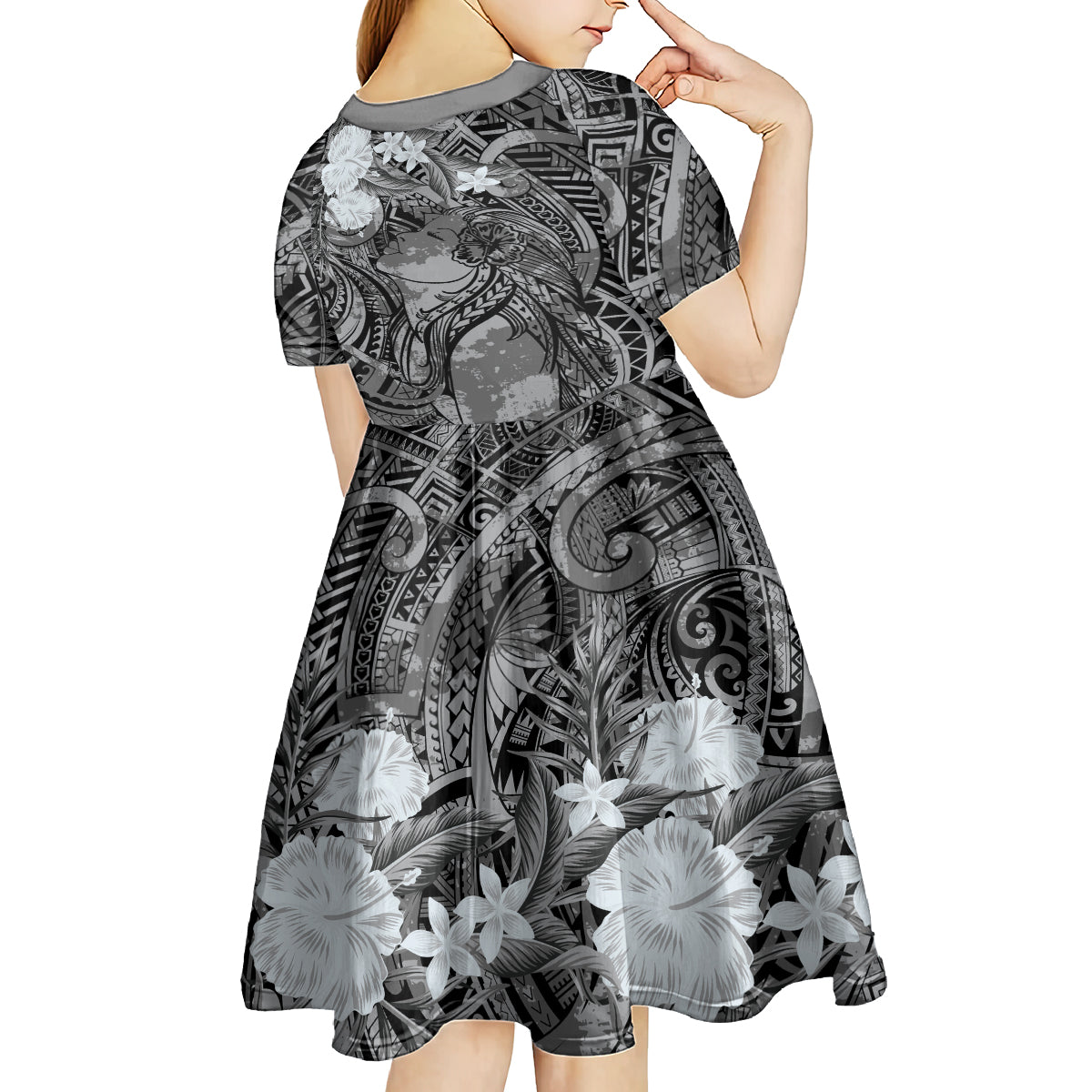 Pacific Beauty Girl Kid Short Sleeve Dress Black Polyneisan Tribal Vintage Motif