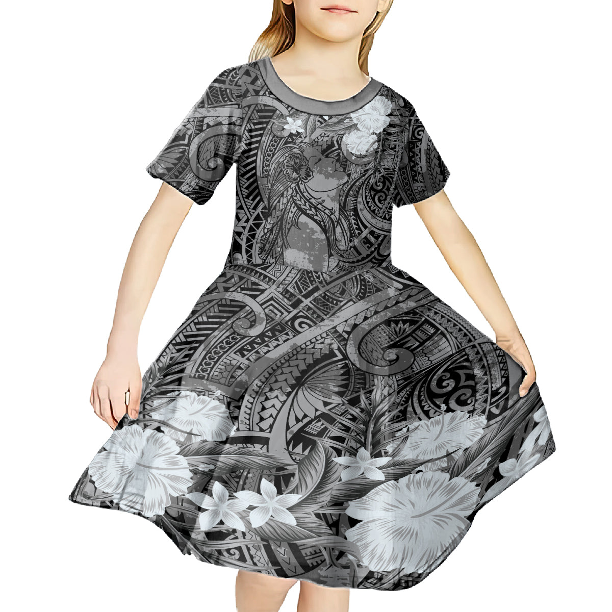 Pacific Beauty Girl Kid Short Sleeve Dress Black Polyneisan Tribal Vintage Motif