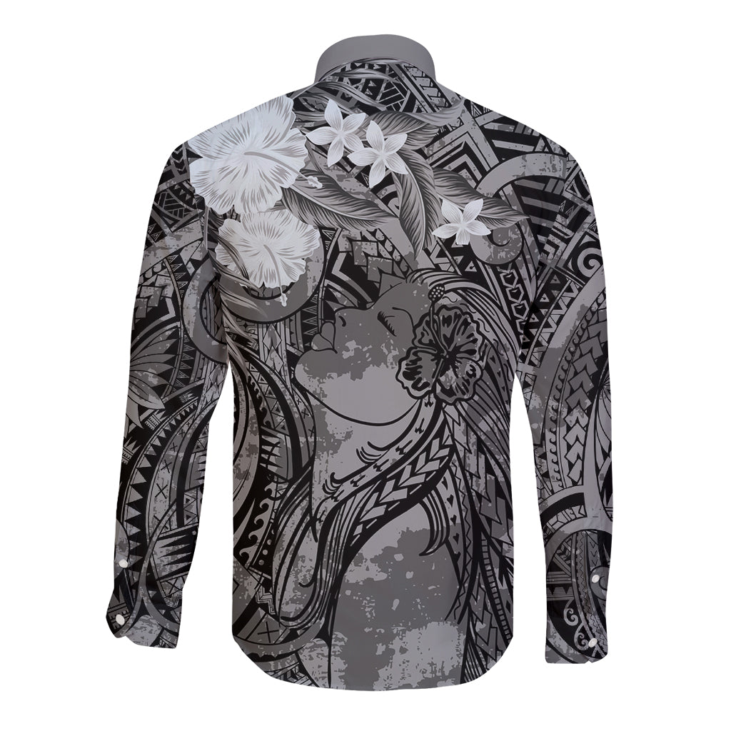 Pacific Beauty Girl Long Sleeve Button Shirt Black Polyneisan Tribal Vintage Motif