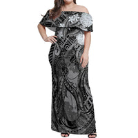 Pacific Beauty Girl Off Shoulder Maxi Dress Black Polyneisan Tribal Vintage Motif