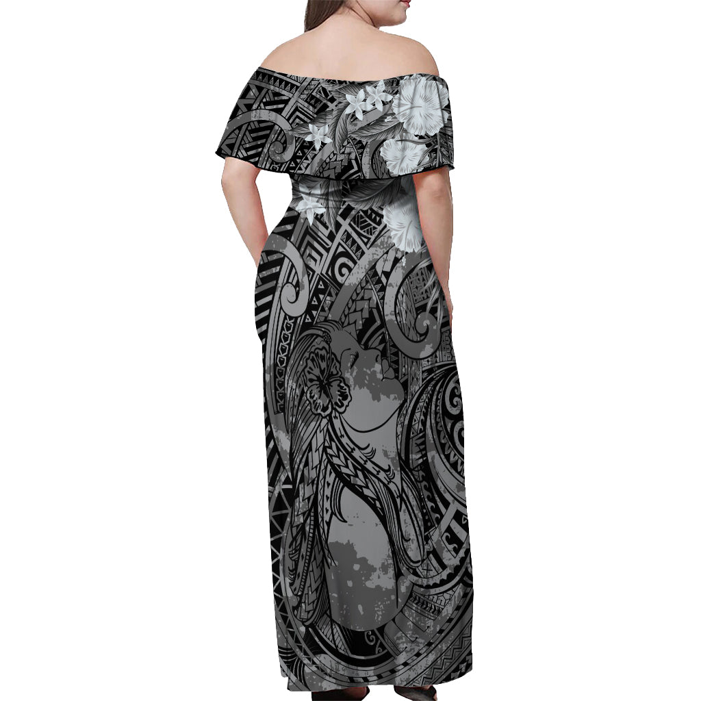 Pacific Beauty Girl Off Shoulder Maxi Dress Black Polyneisan Tribal Vintage Motif