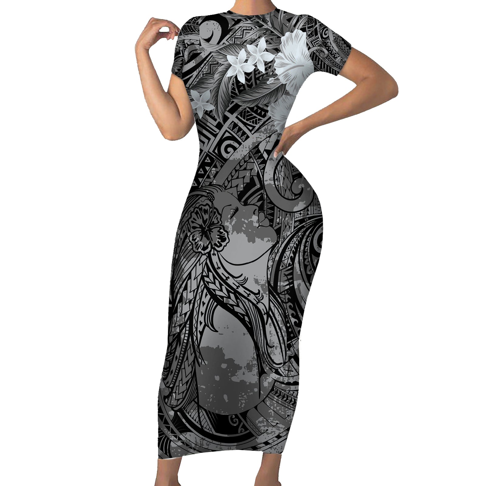 Pacific Beauty Girl Short Sleeve Bodycon Dress Black Polyneisan Tribal Vintage Motif LT9 Long Dress Black - Polynesian Pride