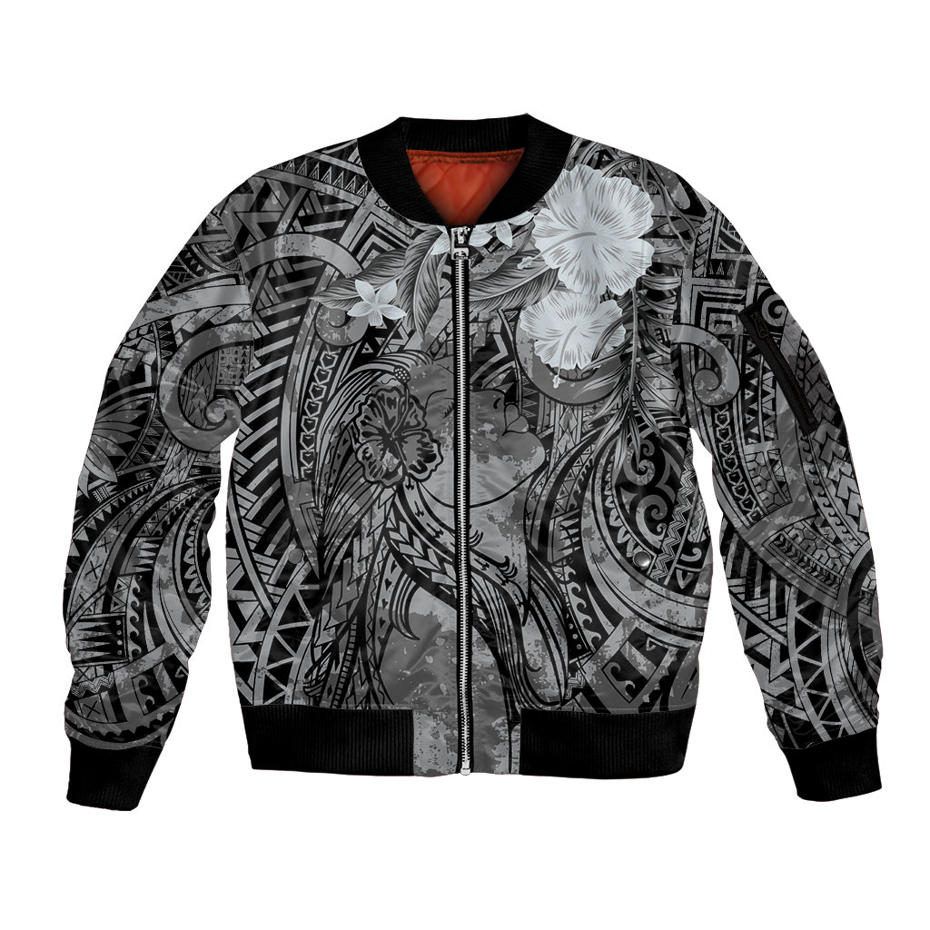 Pacific Beauty Girl Sleeve Zip Bomber Jacket Black Polyneisan Tribal Vintage Motif LT9 Unisex Black - Polynesian Pride